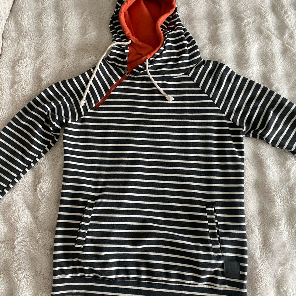 Striped Black and White Hoodie with Orange Lining